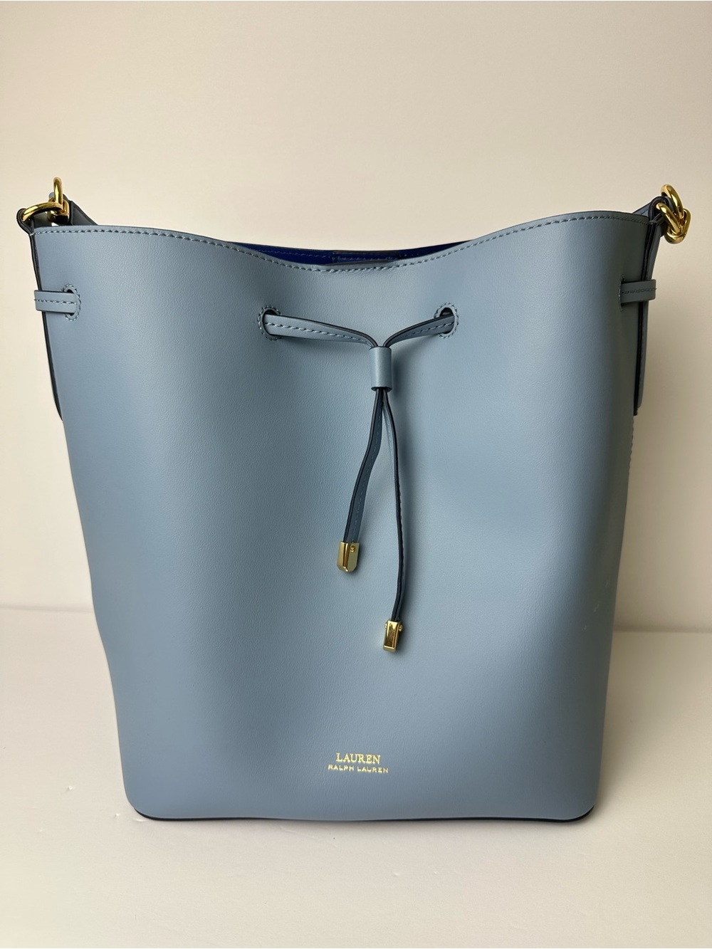 Lauren Ralph Lauren Blue Leather Dryden Debby Bucket Bag Designer Purse